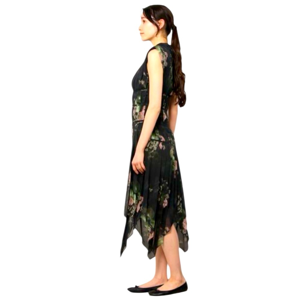 RARE All Saints Coco Asago dress — black floral pleated midi asymmetric NWT - Picture 4 of 15